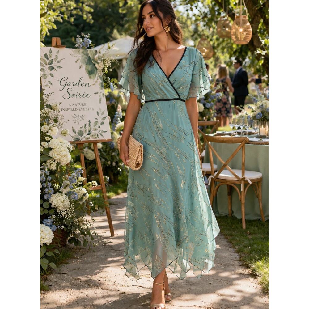 Y2K Fairy Babydoll Chiffon Maxi Dress Flutter Sleeve floral Handkerchief Hem 6
